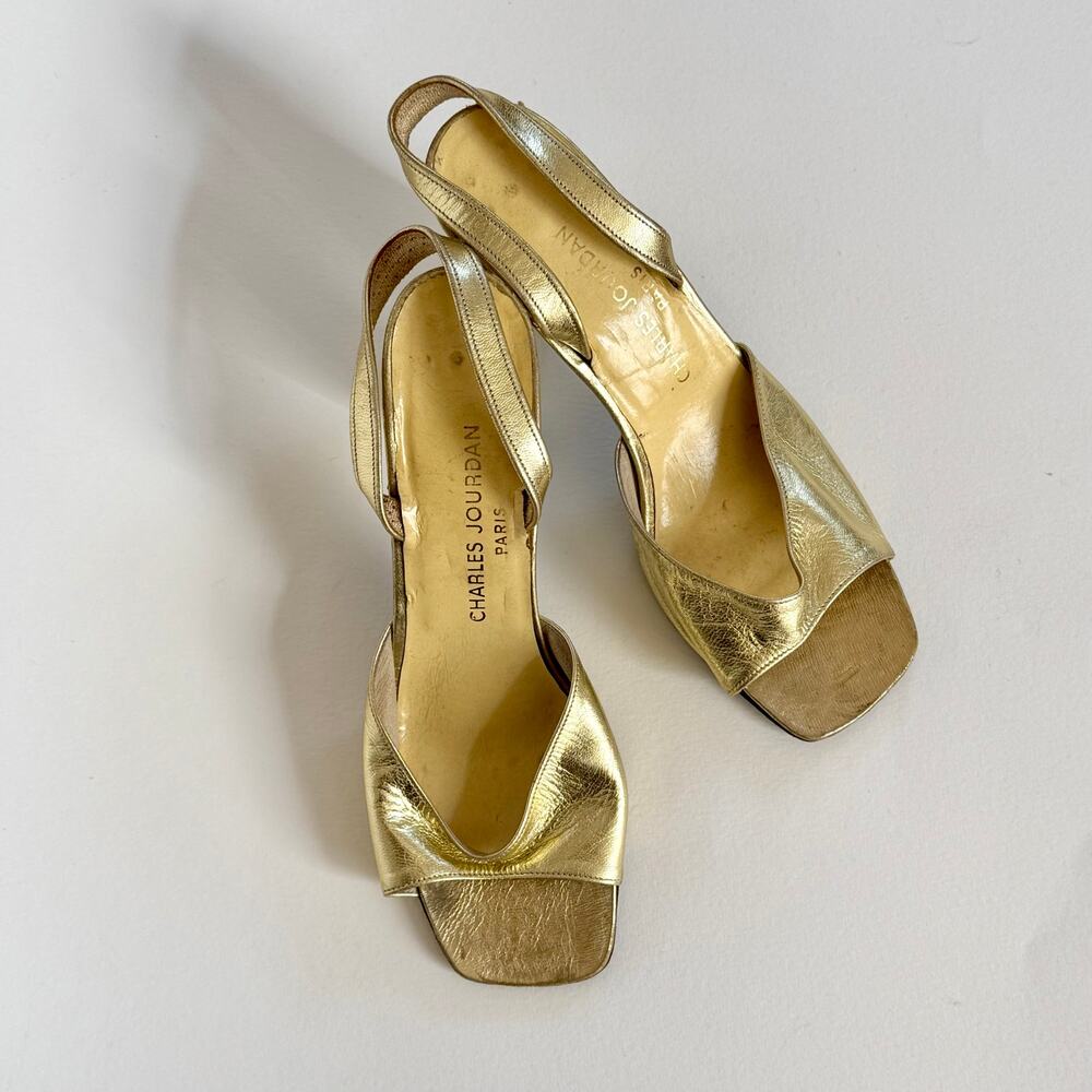 VTG Charles Jourdan 70s Gold Sandal Square Toe Leather Block Heel Paris sz 8.5